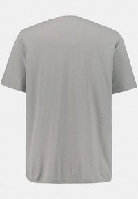 Šedé krátké tričko s kulatým výstřihem. Vyrobeno z hladké, lehké tkaniny. Záda ukazují jednoduchý, čistý design.