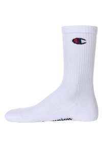 White athletic sock with ribbed texture, featuring a logo in red, black, and white at the cuff. The design is ankle-high with a reinforced toe.