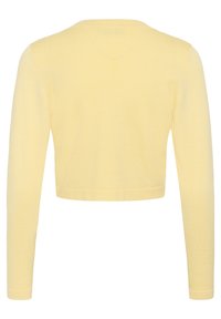 Vue arrière d'un pull tricoté court à manches longues jaune pâle avec un col rond et des poignets côtelés.