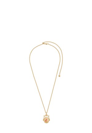 Zlatý náhrdelník s retiazkou, ktorý obsahuje okrúhly prívesok. Prívesok je podrobný s červeným písmom "E" na textúrovanom zlatom pozadí.