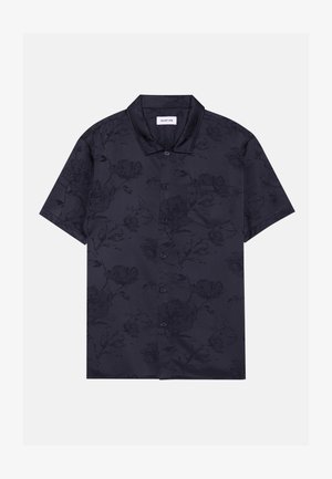 Īsa piedurkne pogu krekls tumši zila auduma, ar vieglu ziedu rakstu, izplatītu apkakli un vienu krūšu kabatu.