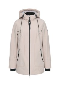 Lichtbeige geïsoleerde jas met capuchon, zwarte rits en trekkoorden. Voorzien van twee zijzakken met rits en contrasterende zwarte accenten.