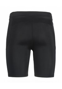 Zwarte sportshorts met een gladde textuur, voorzien van een nauwsluitende pasvorm, gestikte tailleband en zijzakken. Eenvoudig ontwerp zonder patronen.