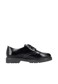 Zapatos de charol negros con cordones y detalles perforados, puntera redonda y suela de goma negra gruesa. Acabado liso y brillante.