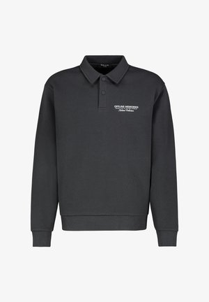 Dark gray, long-sleeve polo shirt with a collar, featuring a two-button placket and white "OFFLINE MEMORIES" text on the left chest.