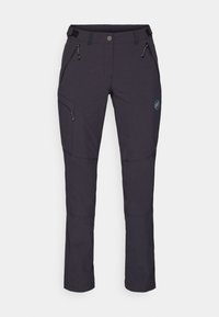 Dark grey hiking pants made of durable material, featuring zippered pockets, adjustable waistband, and a logo patch on the upper leg.