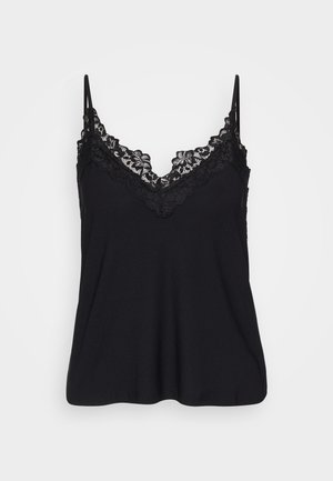 Camisole noire avec dentelle le long de l'encolure et des bretelles ; tissu doux avec un design fluide pour un ajustement décontracté.