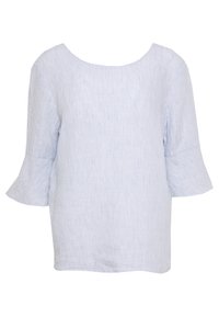 Blusa a righe blu chiaro realizzata in tessuto morbido, con scollo rotondo e maniche a campana. Design semplice con una vestibilità rilassata.