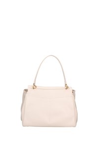 Borsa a tracolla in pelle beige chiaro con una forma rettangolare strutturata. Presenta due accessori in metallo dorato e un manico rotondo singolo.