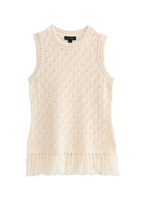 Haut en maille crème sans manches avec motif floral en œillets et bordure à franges à l'ourlet, encolure ronde, et étiquette "New Look" à l'intérieur du col.