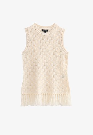 Mouwloze crèmekleurige gebreide top met bloemachtig ajourpatroon en franjes aan de zoom, ronde halslijn en "New Look" label binnen in de kraag.