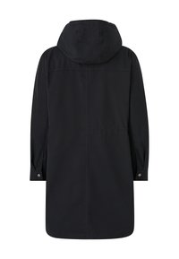 Zwarte hoodiejas met lange mouwen, een rechte snit en drukknoopaccenten. Gemaakt van een soepele, lichte stof zonder zichtbare patronen.