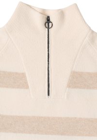 Pull en maille rayé crème et beige avec col montant côtelé et une fermeture éclair centrale noire avec tirette ronde.