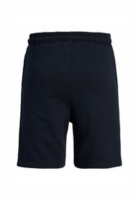 Marineblauwe sportshorts van een zachte katoenmix. Voorzien van een elastische tailleband, zijzakken en een eenvoudige, gladde textuur.