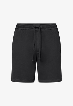 Pantaloncini casual neri con fascia elastica in vita e coulisse, dotati di tasche laterali e vestibilità comoda.