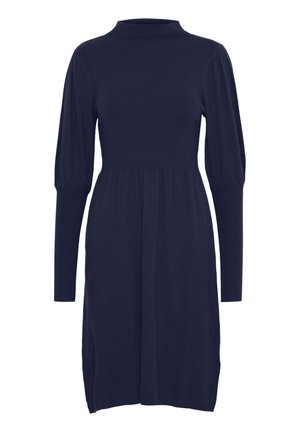 Laivaston sininen neulemekko, jossa on mock neck, pitkät puff-hihat ja poimutettu vyötärö. Mekossa on suora leikkaus ja sileä rakenne.