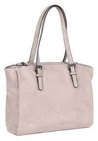 Beige neplederen tote bag met twee zwarte handvatten, een rits bovenkant en een minimalistisch ontwerp. Heeft metalen accenten en een verhoogd logo.