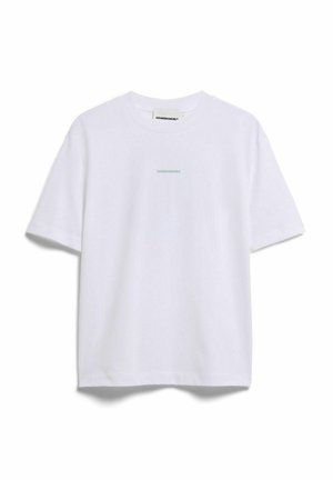 White short-sleeve t-shirt with a small green "ARMEDANGELS" logo centered on the chest and a branded neck tag.