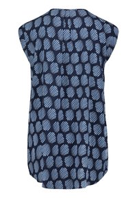 Bezrukávý námořnický top s opakujícím se vzorem světlomodrého listí, vyrobený z hladkého materiálu, s uvolněným střihem a zaobleným lemem.