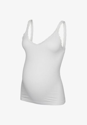 Balta nėštumo marškinėliai su V formos iškirpte, nėriniuotiems petnešoms ir tamprus, minkštas audinys, sukurtas patogumui.