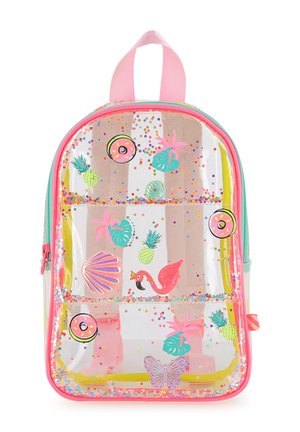 Διαφανές σακίδιο με ροζ περιθώριο, διακοσμημένο με πολύχρωμα κομφετί, ανανάδες, φλαμίνγκο, ντόνατς, κοχύλι, φύλλα και μια πεταλούδα.