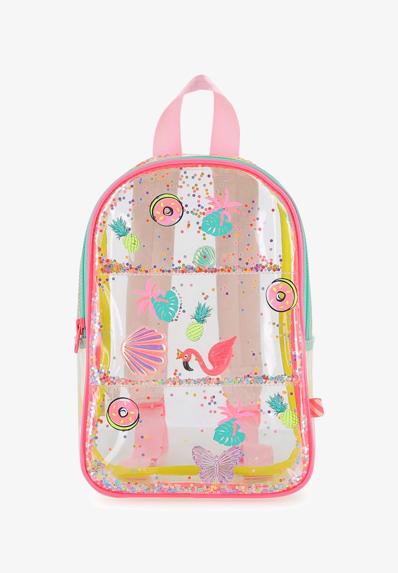 Διαφανές σακίδιο με ροζ περιθώριο, διακοσμημένο με πολύχρωμα κομφετί, ανανάδες, φλαμίνγκο, ντόνατς, κοχύλι, φύλλα και μια πεταλούδα.