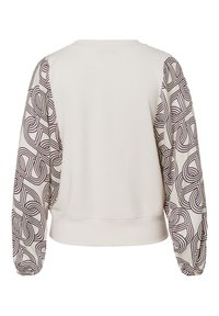 Lichtbeige sweatshirt met gestructureerde, gemusterde pofmouwen met een donkerpaarse abstracte ontwerp; klassieke pasvorm en geribbelde zoom.