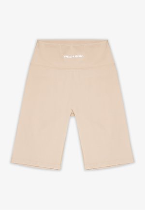 Beige shorts lavet af strækbart materiale med høj talje. Har et hvidt logo "PEGADOR" på forsiden og løse ben.
