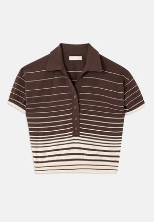 Brown and cream-striped polo shirt with short sleeves, collar, and five button placket. Soft material with ribbed hem and cuff details.