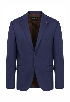 Navy blue blazer made of smooth fabric with a two-button closure, notch lapels, and side pockets. Brown satin lining visible inside.