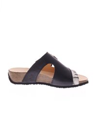 Black open-toe slide sandal with cork wedge sole and a silver snakeskin-textured strap across the front toe area.