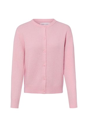 Zacht roze cardigan met lange mouwen, een ronde halslijn en een knoopsluiting aan de voorkant, met geribde boorden en zoom.