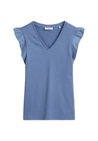 Blaues Baumwoll-T-Shirt mit V-Ausschnitt, kurzen gerüschten Ärmeln und einer leicht strukturierten Oberfläche. Die genähte Säume vervollständigen die untere Kante.