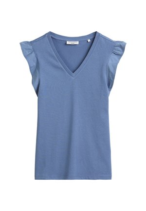 Blue cotton t-shirt with a V-neck, short ruffled sleeves, and a slightly textured surface. Stitched hem finishes the bottom edge.