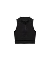 Top corto sin mangas negro con un cuello alto, presenta un zipper frontal, tejido suave y un diseño ajustado. Con dobladillo ancho en la parte inferior.