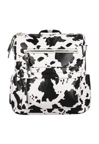 Zaino a stampa mucca realizzato in materiale resistente, con una tasca frontale con zip, dettagli in hardware dorato e spallacci regolabili.