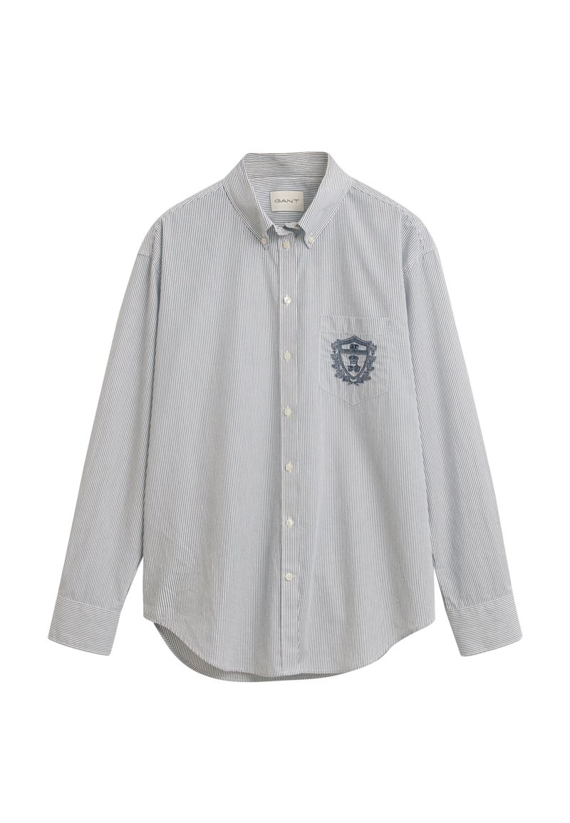 Camicia da uomo a maniche lunghe, con bottoni, a righe verticali sottili, colletto button-down, taschino sul petto con logo ricamato dello stemma.