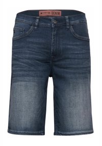 Džínové šortky v tmavě modré barvě s hladkou texturou, pěti kapsami, rovného střihu a detaily šití. Značka viditelná na pase.