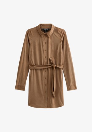 Brun, långärmad skjortklänning i mjukt tyg, med krage, knappsydd front, sidofickor och knytbart midjebälte.