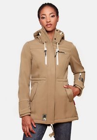 Tan soft-shell jacket with a hood, two front pockets, white zipper accents, and logo detail. Features a fitted waist and textured fabric.