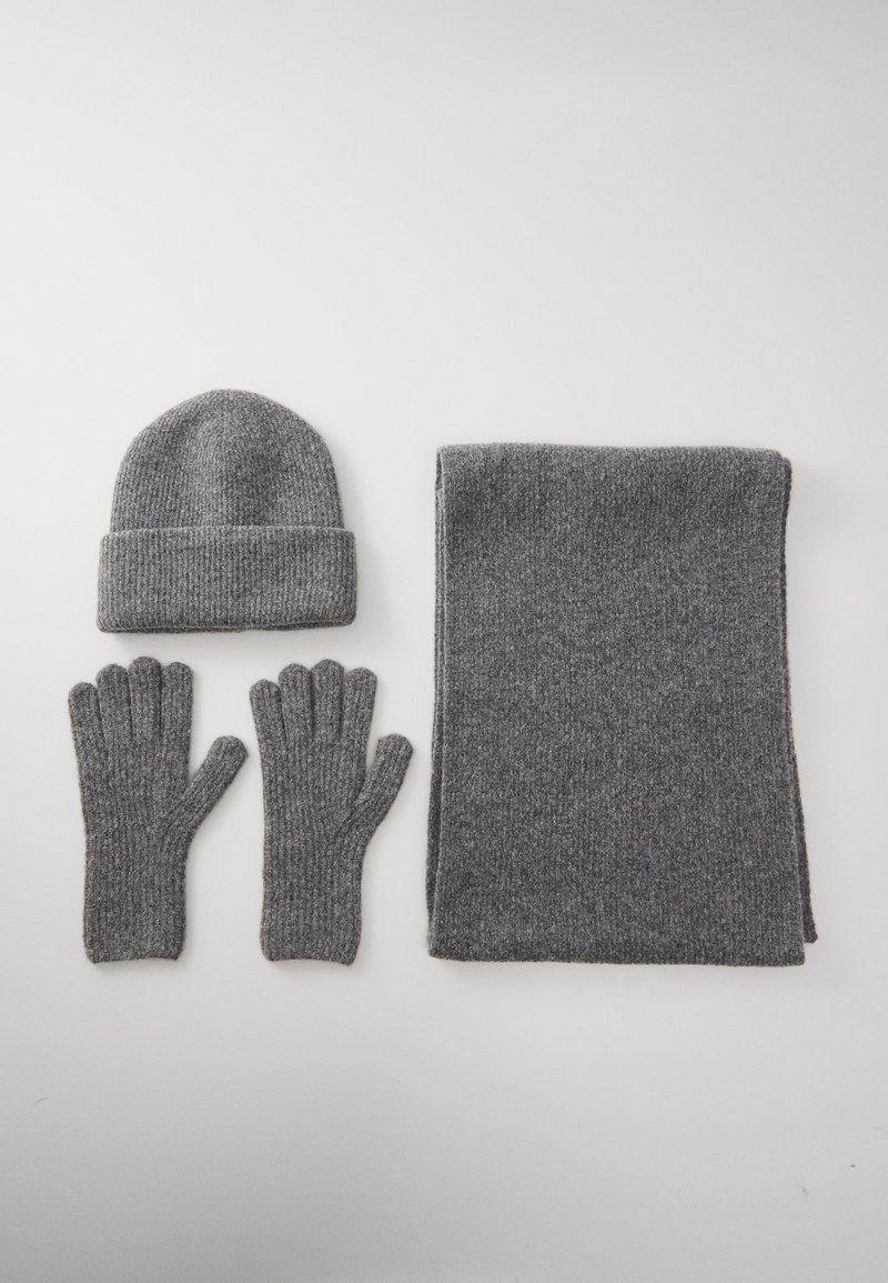 Gray knitted wool beanie, gloves, and scarf set. Beanie with ribbed texture, gloves with five fingers, and a long, flat scarf.
