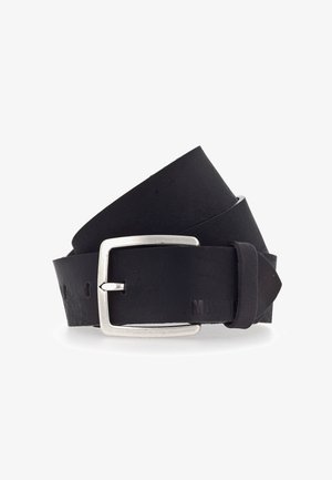 Czarny skórzany pasek z kwadratową srebrną klamrą. Tekstura jest gładka z matowym wykończeniem. Pasek ma kilka otworów do regulacji.