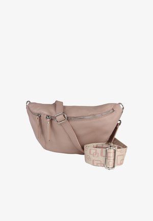 Hellrosa Leder-Bauchtasche mit silbernen Reißverschlüssen und verstellbarem beigen Riemen mit pinkem geometrischem Muster und Metallschnalle.