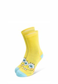 Calzini di cotone giallo con un design stampato di SpongeBob SquarePants e dettagli blu sulle punte, dal tocco morbido.