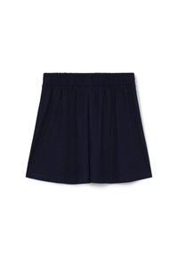 Bermuda blu navy realizzati in tessuto morbido ed elastico, con una vita elasticizzata, caratterizzati da una vestibilità rilassata e un orlo di lunghezza media.