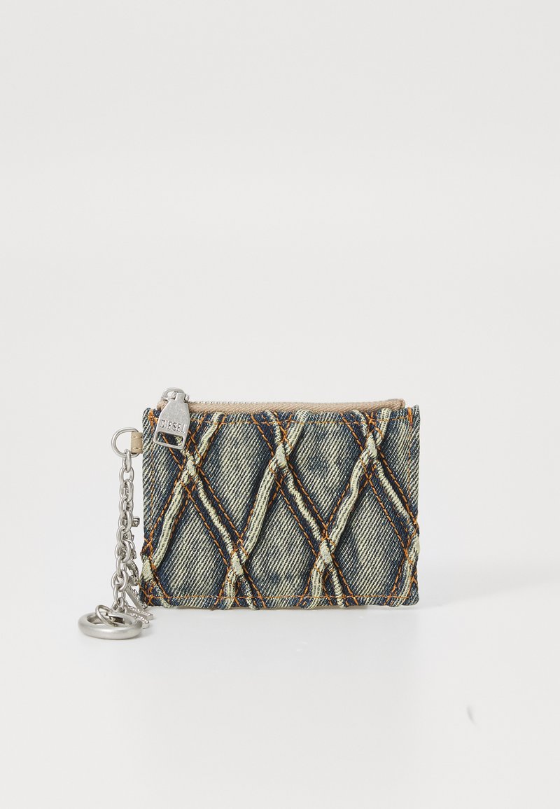 Denim zippered wallet with a quilted texture, outlined in contrasting orange stitching, featuring a silver chain and keyring attachment.
