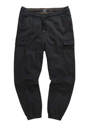 Schwarze Cargo-Hosen aus Baumwolle, mit einem elastischen Bund und Kordelzug, seitlichen Taschen und elastischen Bündchen an den Knöcheln.