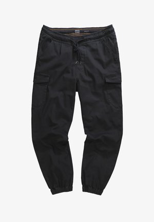 Czarne spodnie cargo wykonane z bawełny, z elastycznym paskiem w talii z regulowanym sznurkiem, bocznymi kieszeniami oraz elastycznymi mankietami na kostkach.