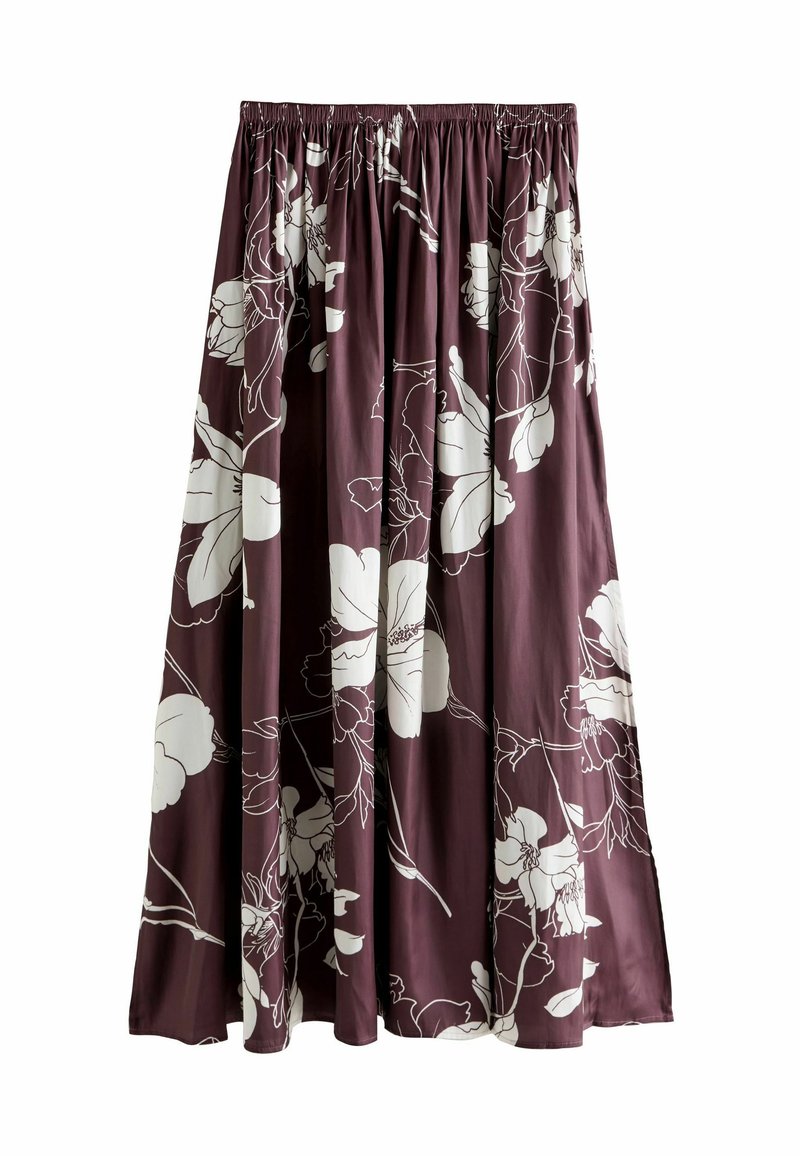 Midi-Rock aus tiefburgunderfarbenem Stoff mit weißem Blumenmuster. Elastischer Bund und fließendes Design mit subtilen Raffungselementen. Sanfte Textur.