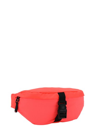 Helle Koralle Bauchtasche aus strapazierfähigem Stoff, mit gepolstertem Design, verstellbarem schwarzen Gurt und Schnappverschluss.